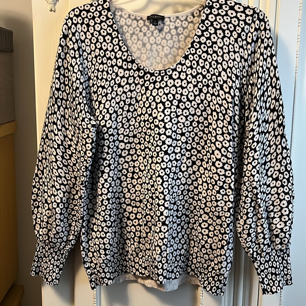 Talbots Cotton Soft Pullover Sweater Ditsy Floral Bishop Sleeves Size Large